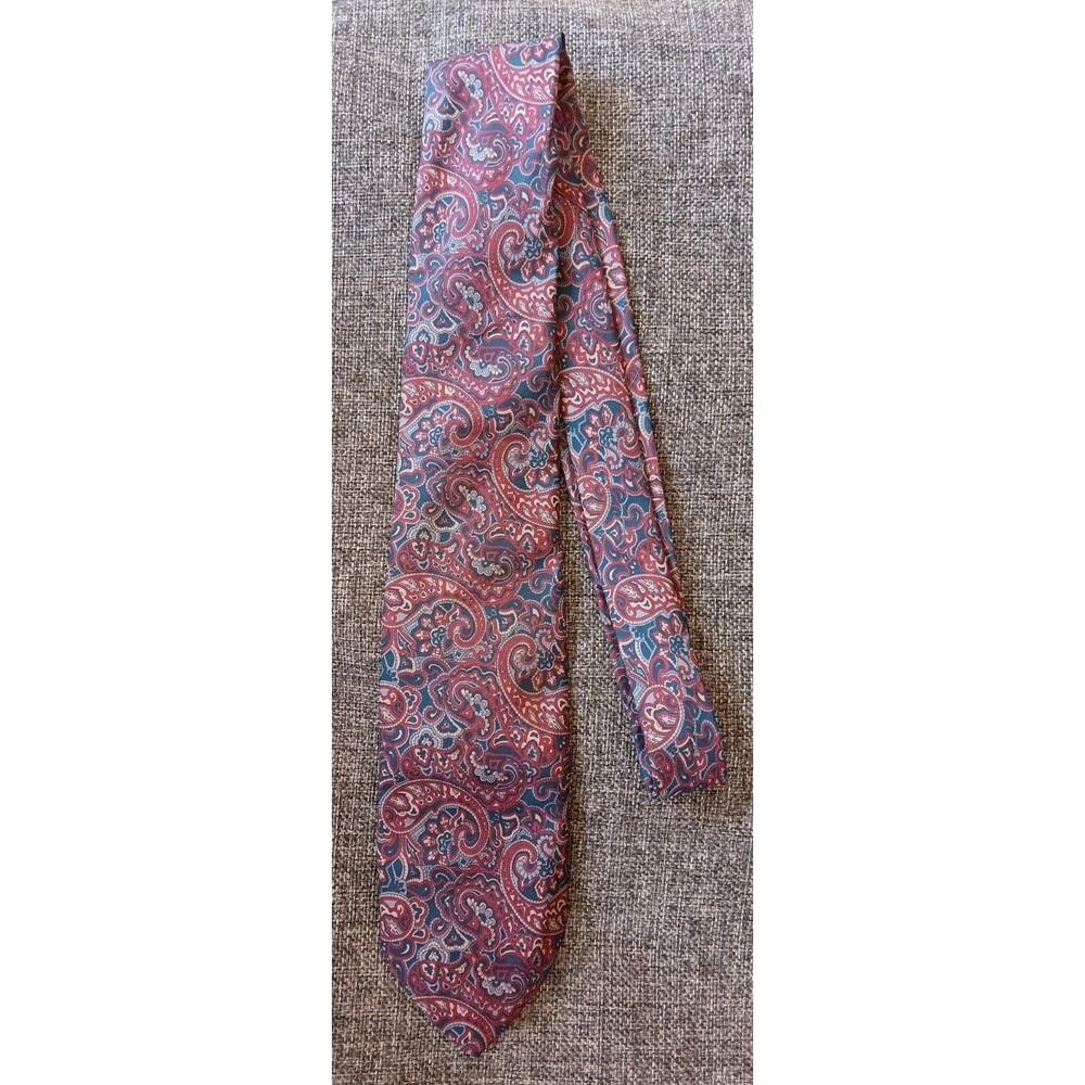 Tie 70s 80s 90s Y2K Mens Italian Silk Red Tan Blue Paisley Skinny 3 Inches Wide